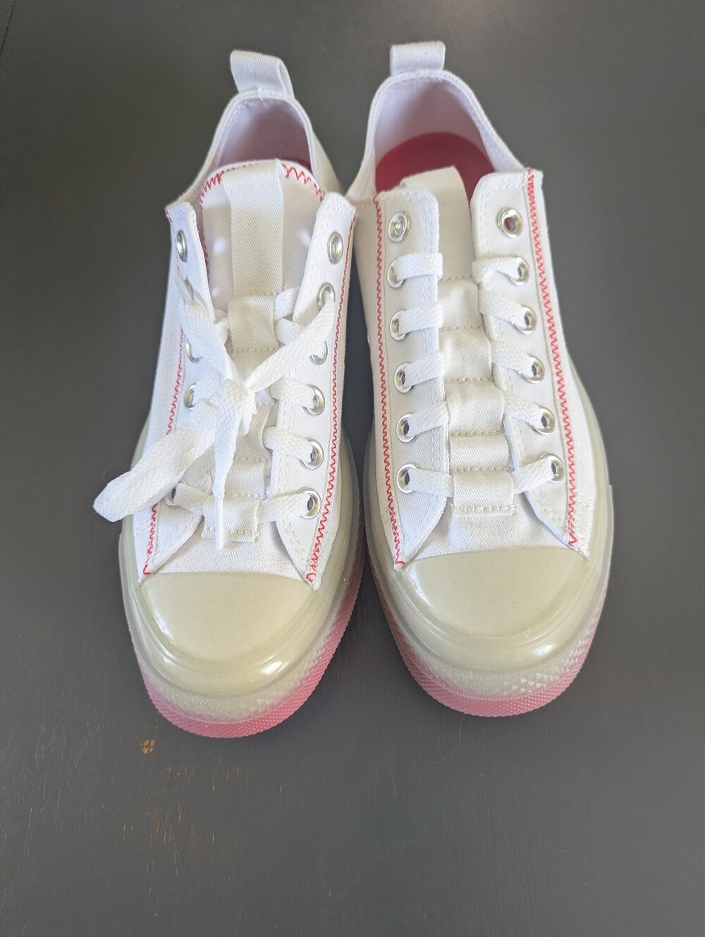 Converse Women's White Canvas Sneakers with Pink/Coral Accent Sole And Stitching